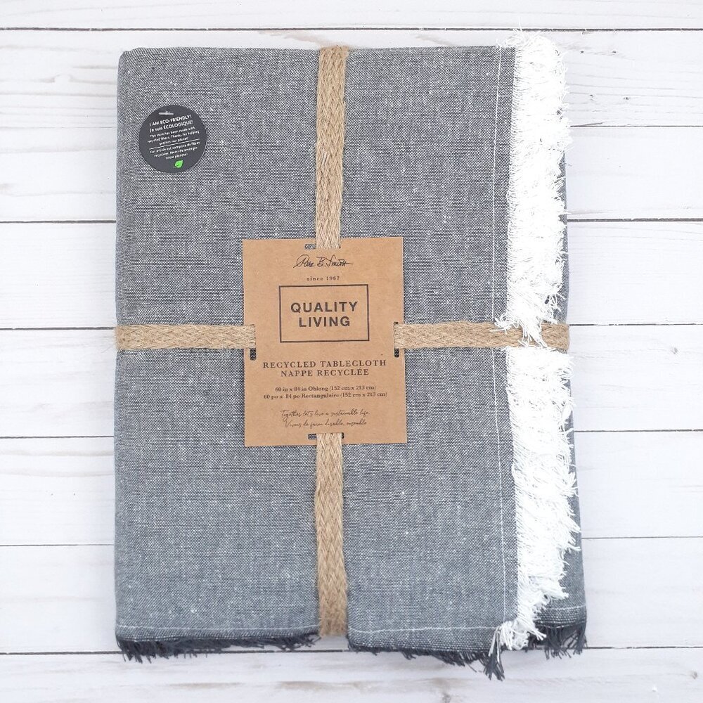 Park B Smith Fabric Tablecloth 60x84 Recycled Fibers Gray White Fringe